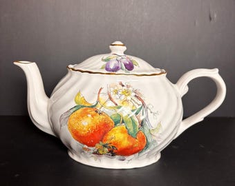 Arthur Wood & Son Teapot Vintage Porcelain Fruit Pattern White Gold Trim 6361