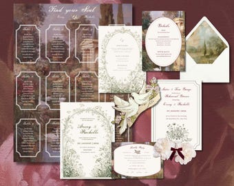 Coordinated Regency-era style Wedding Invitation Suite Template, Classic Invitations Instant Download, Menu, Tableau & more romantic set.