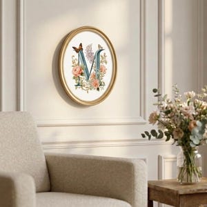 Può includere: Un'opera d'arte murale ovale con una cornice dorata. L'opera presenta la lettera "M" in turchese, adornata con rose rosa e farfalle. Il pezzo è appeso a una parete color crema, aggiungendo un tocco di eleganza alla stanza.