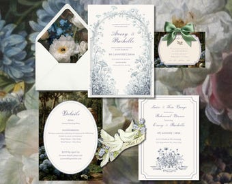 Dusty Blue Regency Wedding Invitation Suite, Editable Canva Template, Something Blue Floral Set, Romantic Classic English Wedding Download