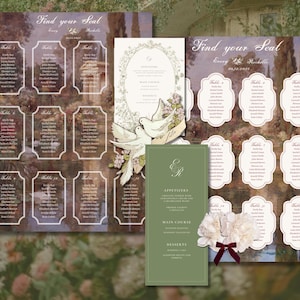May include: Wedding seating chart and menu cards. The seating chart features a landscape background with guest names listed in ornate frames. The menu card is olive green with a floral design and the initials "E R".