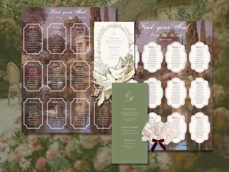 May include: Wedding seating chart and menu cards. The seating chart features a landscape background with guest names listed in ornate frames. The menu card is olive green with a floral design and the initials "E R".