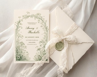 Green Timeless Regency Botanical Wedding Invitation Template, Editable Canva Invitation, Romantic Fine-Line Design