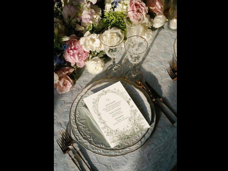 May include: A formal table setting with a menu card, plates, and silverware. The menu card is white with a floral border. The plates are light blue with a gold rim. Two wine glasses are visible, along with a fork and knife. A floral arrangement is in the background.