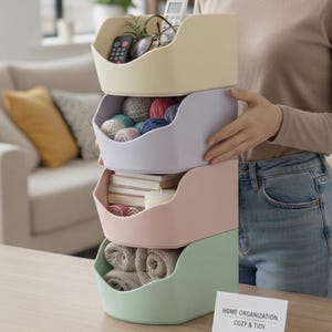 Può includere: Una pila di quattro contenitori portaoggetti dai colori pastello. Il contenitore superiore è beige e contiene una piccola pianta, occhiali e un telecomando. Il secondo contenitore è lavanda e contiene filato. Il terzo è rosa con libri e il contenitore inferiore è verde menta con asciugamani arrotolati. Testo: HOME ORGANIZATION. COZY & TIDY.