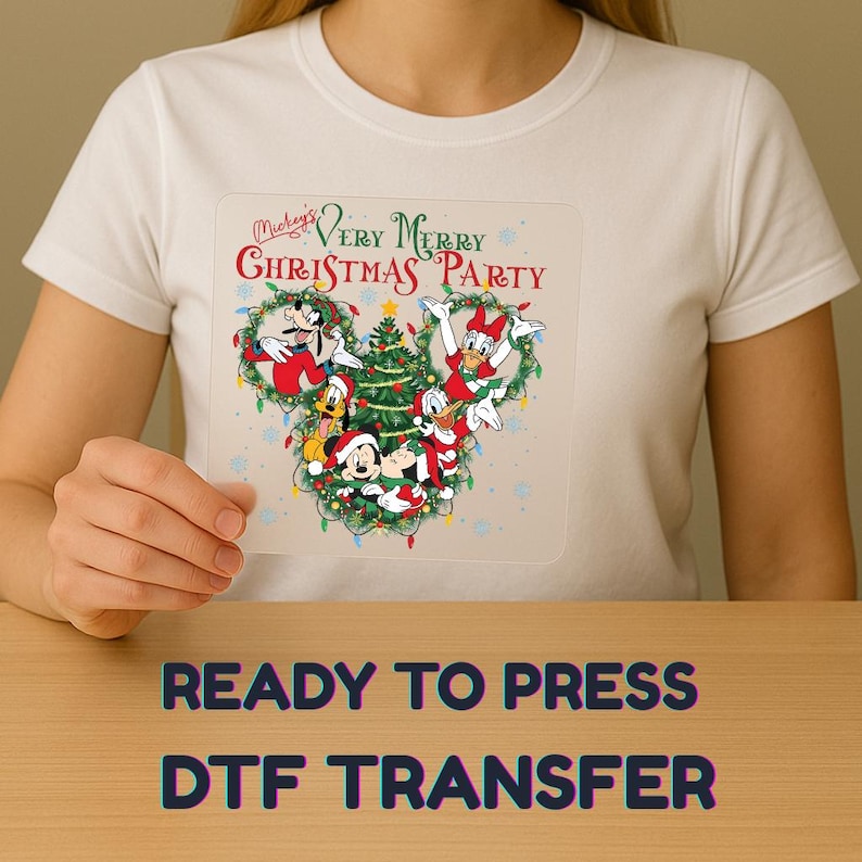 May include: A clear, square DTF transfer featuring Mickey Mouse, Donald Duck, and other Disney characters. The transfer has the text "Mickey's Very Merry Christmas Party" and "READY TO PRESS DTF TRANSFER" in a festive design.