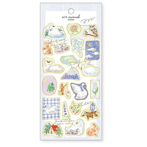 May include: A sheet of stickers featuring watercolor illustrations of animals and nature scenes. Designs include swans, owls, rabbits, and floral elements. The text "with animals sticker" is printed at the top. The stickers are arranged on a white background with blue vertical stripes.