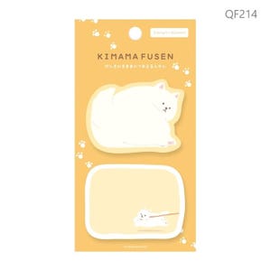 May include: A pack of sticky notes featuring a yellow background and white cat designs. The top note is cat-shaped, and the bottom note is rectangular. The text "KIMAMA FUSEN" is printed on the package.