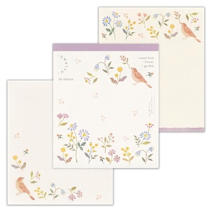 May include: Three notepads with floral and bird illustrations. The notepads feature a soft colour palette with images of small birds, flowers, and garden elements. The text on the notepad reads "small bird, flower, garden" and "50 sheets".