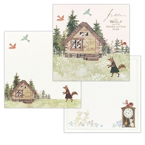 May include: Stationery set with illustrations from "The Wolf and the Seven Little Kids." The set includes a cabin, a fox, birds, and a clock. The color palette is soft, with greens, browns, and whites.