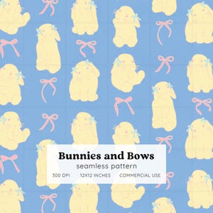 Pode incluir: Padrão sem costura com coelhinhos amarelo claro com laços azuis e laços rosa sobre fundo azul. O texto "Bunnies and Bows seamless pattern" é exibido. O padrão tem 30,48 x 30,48 cm.