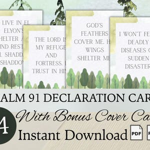 Psalm 91 Prayer Cards Printable, Set of 14 Scripture Declarations + Cover, Protection Bible Verses, Forest Green Watercolor, Christian Gift