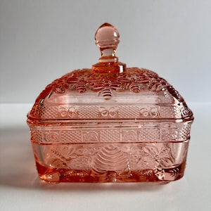 May include: A rectangular pink glass dish with a matching lid featuring a knob handle. The exterior surface is decorated with embossed patterns of bees, beehives, and floral motifs, along with a textured grid design around the upper rim.