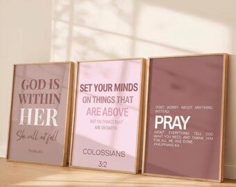Art mural rose neutre verset de la Bible | Lot de 3 gravures d'Écritures saintes (téléchargement numérique)