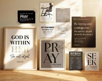 Art mural noir, blanc et gris de vers de la Bible | Lot de 10 gravures bibliques (téléchargement numérique)