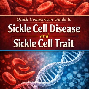 May include: Book cover with a red and blue gradient background. The title reads "Quick Comparison Guide to Sickle Cell Disease and Sickle Cell Trait." The image includes illustrations of red blood cells and a DNA double helix.