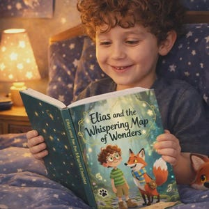 Puede incluir: Un niño sonríe mientras lee un libro titulado "Elias and the Whispering Map of Wonders". La portada del libro presenta ilustraciones de un niño, un zorro y un mapa. El niño está en la cama, con un tema de noche estrellada en el fondo.