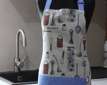 Chef Linen Apron with Kitchen Tools print, Apron for men, Apron with blue pocket, Christmas Gift Idea for cook or baker, linen pinafore