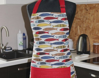 Linen Apron with Fishes, Kitchen Apron with Red Pocket, Gift Ideas for fisherman, Linen pinafore for fish lovers