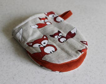 Kitchen Glove With Foxes, Linen Oven mini mitt, Christmas gift for fox lovers
