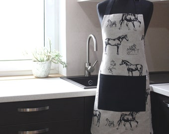 Black Horse Linen Apron, Kitchen Apron with Black Pocket, apron for horse lover men, Black horse print pinafore