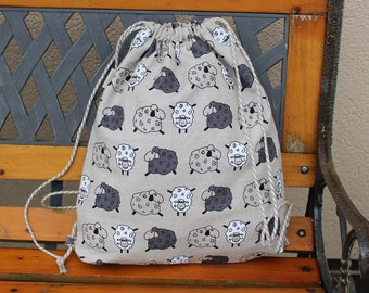 Linen Backpack With Sheep pattern, Canvas Drawstring Backpack, sheep print gym sack backpack, Christmas gift Sheep pattern bag