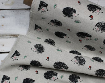 Linen fabric with hedgehog print by half meter or half yard, sewing material with hedgehog for home textiles