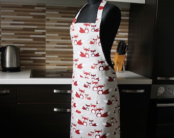 Foxes Print Linen Apron: Kitchen Pinafore with Pocket