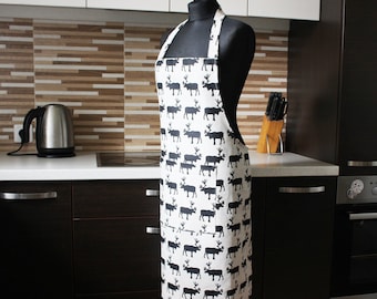 Linen Kitchen Apron with Pocket: Black Moose Print