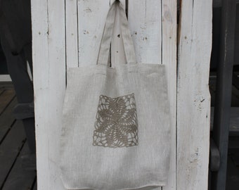 Linnen Tote tas met een gehaakte sieraad, canvas tas met een linnen lace, linnen tas van de markt, Summer Shopping bag, Kerstcadeaus tas