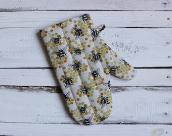 Linen Kitchen Glove with Bees Print, Cooking Gift