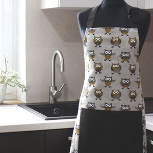 Linen Apron with yellow Owl Pattern, Personalized kitchen Apron with Pocket, Christmas gift for cook or baker, Yellow Owl print pinafore image 1