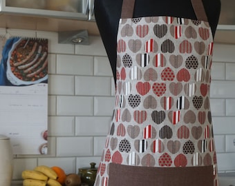 Linen Apron with Hearts Print, Pocket, Adjustable Straps