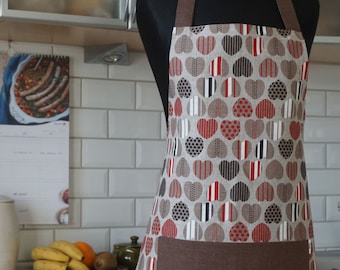 Linen Apron with Hearts, Kitchen Apron with Brown Pocket, apron with hearts print, gift for cook or baker, Ready to Ship linen pinafore