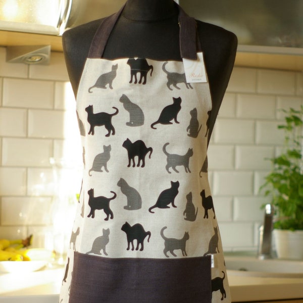 Linen Apron with Cats, Personalized kitchen Apron with Pocket, apron for men, cat lover gift, Pinafore with Black Cat print