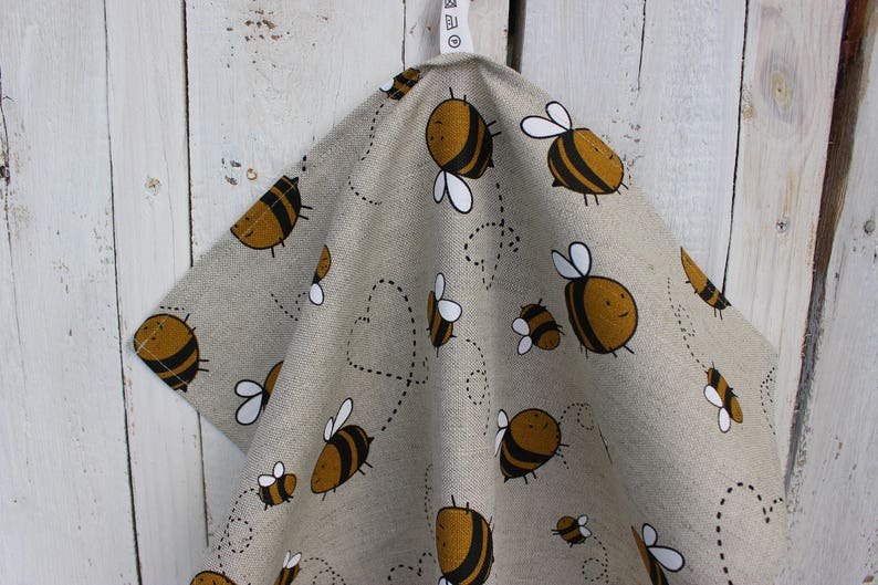 Linen tea towel with bees, Kitchen Linen towel for dishes with a bee image 1