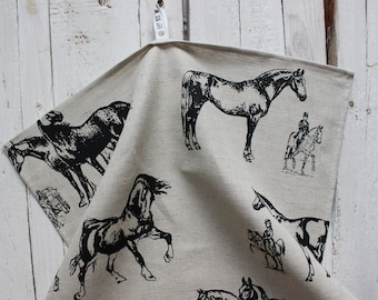 Linen Kitchen Tea Towel with Black Horse Print