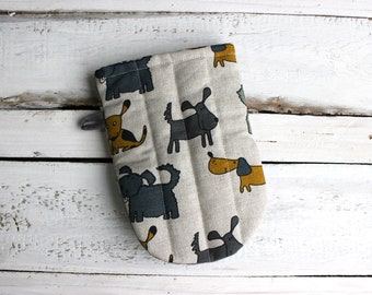 Kitchen Glove With Dog Pattern, Linen Mini Oven Glove, Kitchen Oven Mini Mitt, gift for a cook or baker, Valentine's day gift, Year of dogs