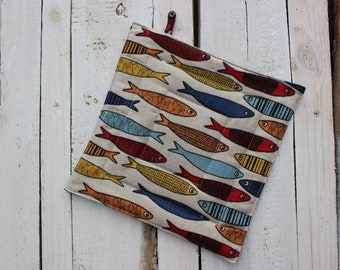 Fishes Pot Holder, Linen Kitchen Pot Holder, Christmas Gift for the cook or baker, Kitchen Pot Holder for fisherman