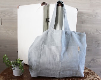 Light blue big linen Tote Bag, gray blue Canvas market Bag, eco friendly Washed Linen market Bag, Beach Bag