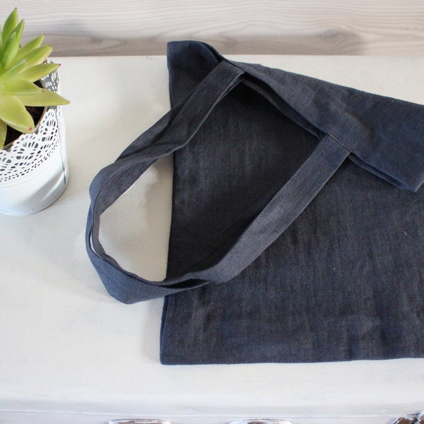 Dark gray Linen Tote Bag, Canvas grey washed Linen small Market Bag, linen lunch Bag