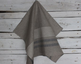 Rustic Light Gray Linen Towel, Kitchen Striped Linen Tea Towel