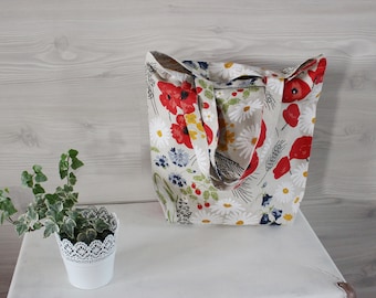 Linen Tote Bag With Summer Flowers, Canvas Tote Bag, Natural Linen Bag With Poppy Flowers, Shopping bag with Meadow Flowers