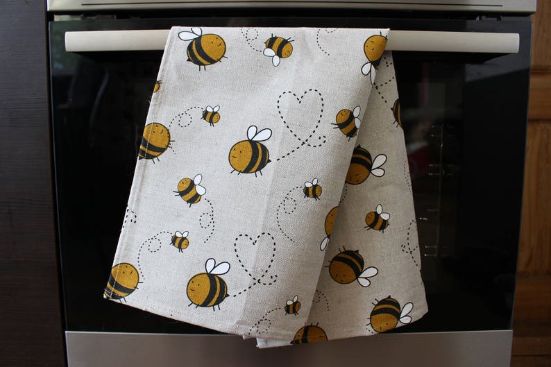 Linen tea towel with bees, Kitchen Linen towel for dishes with a bee image 4