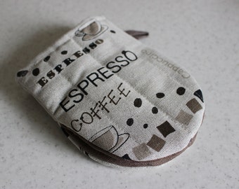 Mini Oven mitts, Linen Kitchen Gloves With a Coffee Theme Notes, Kitchen brown oven mitts