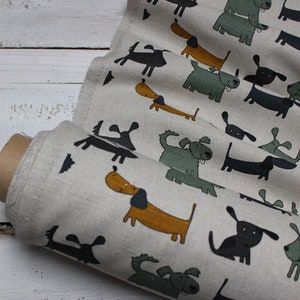 Hunde Leinen Stoff, Hund Bedruckt Leinen Stoff Meterware, Nähmaterial mit bunten Hunden für Heimtextilien