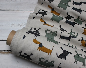 Dogs Linen Fabric, Dog Printed Linen canvas by half meter, sewing material with Colorful Dogs for home textiles