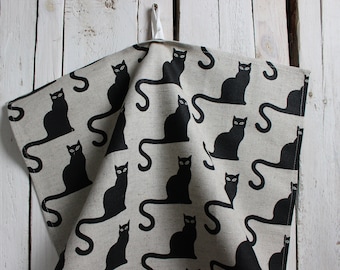 Linen Tea Towel: Black Cat Print Kitchen Dish Towel