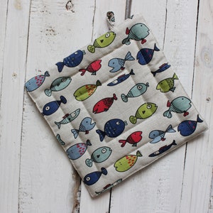 Pot Holder With fishes print, Linen Kitchen Pot Holder gift for the cook or baker fish lovers