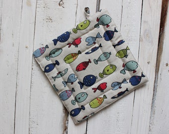Linen Pot Holder: Fish Print Kitchen Decor, Baker Gift
